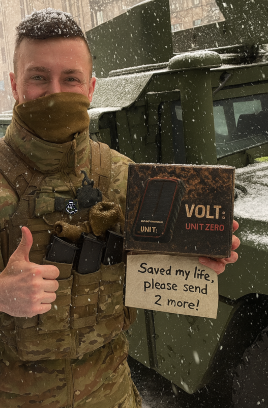 Person in military gear holding a VOLT device with a sign requesting more, standing in front of a military vehicle.